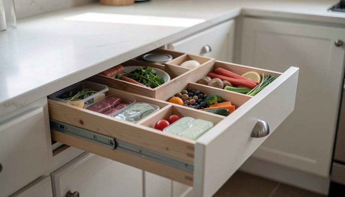 A kitchen drawer pulled fully open with contents sorted into three shallow boxes on the counter beside it.